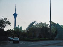 Macau Tower (tallest structure in Macau) and the roundabout in front of Grand Lisboa with strange glass sculptures.