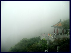 Observation pavilion at foggy Victoria Peak