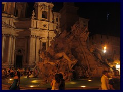 Fountain of the Four Rivers (Fontana dei Quattro Fiumi), Piazza Navona, was constructed between 1647 -51 on request of pope Innocent X. It was designed by Bernini and represents rivers on four different continents: Nile, Ganges, Danube and Rio de la Plata. The obelisk, a Roman copy of an Egyptian obelisk, was originally at the Circus of Maxentius.
