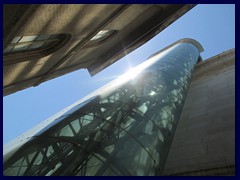 This modern glass elevator leads to the higher observation deck of the Monument to Vittorio Emanuele II.