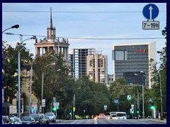 Skyscrapers seen from Gedimino Avenue. The neo-classicist tower to the left is the Liberals Movement of the Republic of Lithuania.