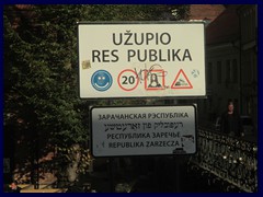 The border to the Republic of Uzupis, a district that is declared an independent country by it's citizens in 1997. Uzupis means "the other side of the river", referring to the bordering Vilnia river that Vilnius was named from.